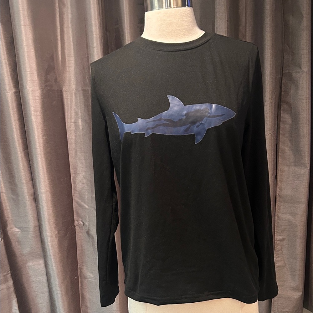 Black Long Sleeve Tee with Blue Shark Design Scuba Diver